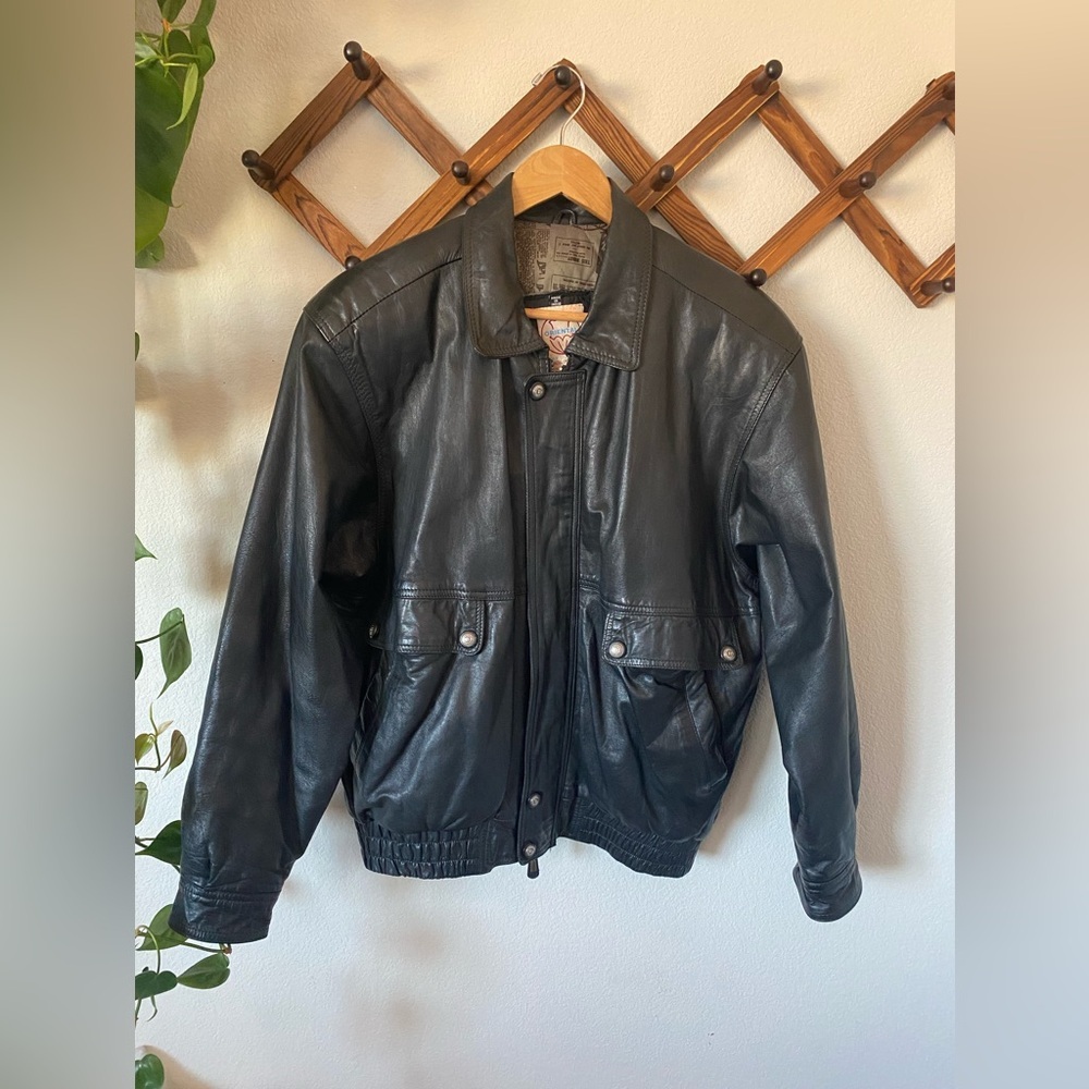 Vintage Leather Jacket Black Leather Bomber Jacket Men’s Medium
